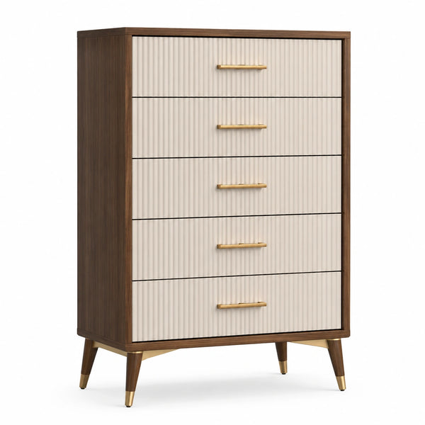 Holzkommode mit 5 Schubladen und Metallgriffen in Beige und Braun