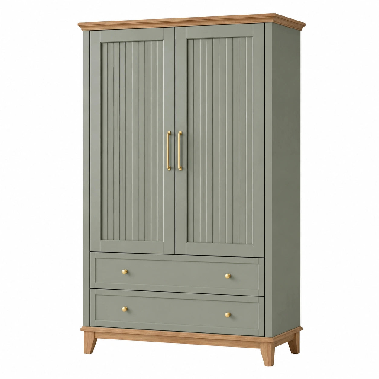Kleiderschrank mit 2 Türen und 2 Schubladen aus MDF und Eichenfurnier, Grün