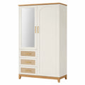 Kleiderschrank mit Spiegel und Schubladen aus Eiche und Rattan
