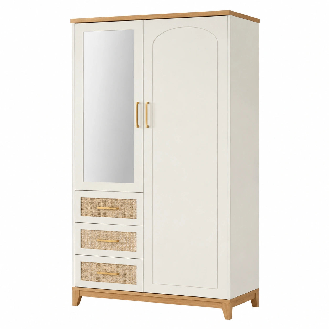 Kleiderschrank mit Spiegel und Schubladen aus Eiche und Rattan