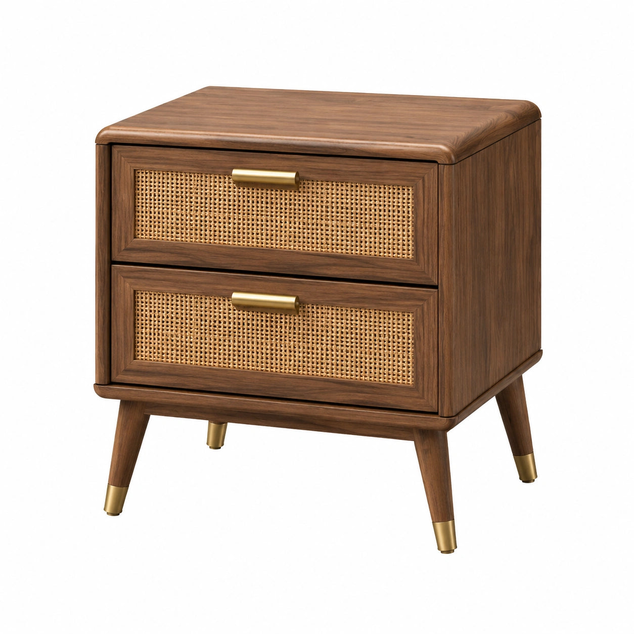 Nachttisch aus Massivholz mit Rattan und zwei Schubladen, 50x40x55cm, Braun