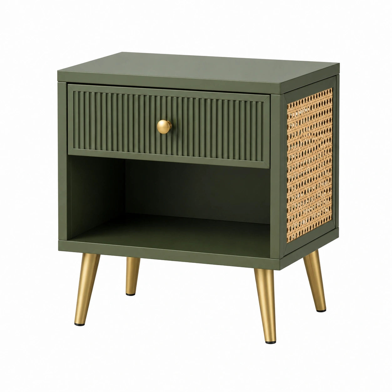 Nachttisch MDF Rattan Olivgrün mit Metallbeinen