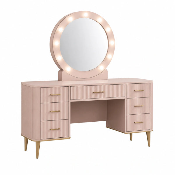 Schminktisch mit rundem Spiegel und Beleuchtung MDF 140x45x75 cm rosa